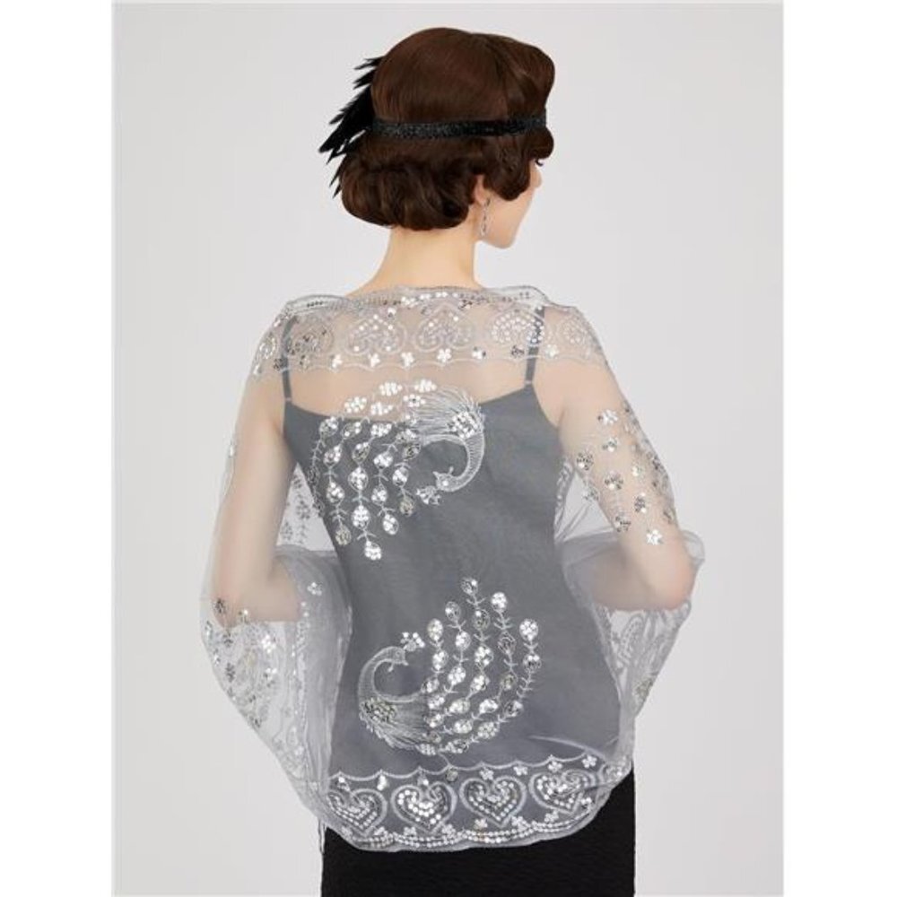 Silver 1920s Retro Fringe Sequin Lace Shawl Wrap‎ Long Evening Party Shawl Shrug - Picture 4 of 7